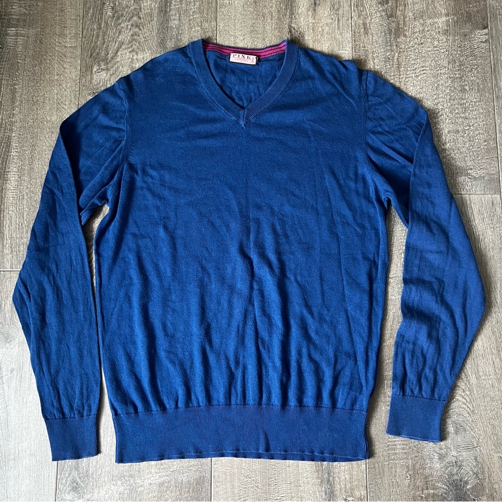 Thomas Pink Mens Sweater V-Neck Long Sleeve Cotton&Cashmere Blend Blue Sz Large